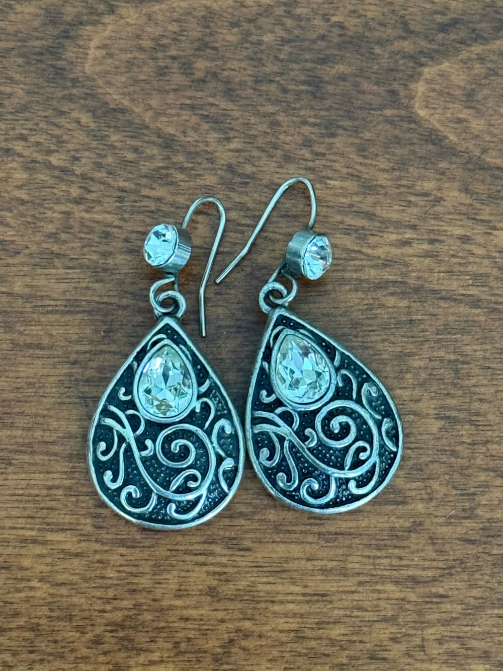 Silver-Tone Teardrop Filigree Earrings with Clear Crystal Accents